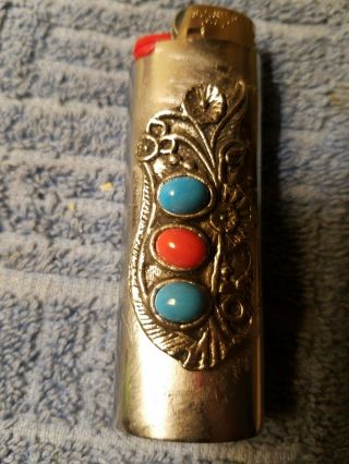 Vtg Western Cover Case Old Lighter Holder Silver Turquoise Coral Concho Fits Bic