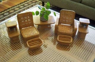 Paul Frankl Rattan Bamboo Miniature Furniture Salesman Sample 7 Pc.  1950 