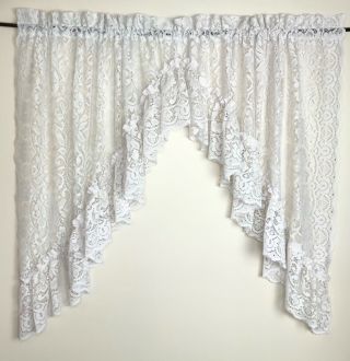 Vtg Lace Sheer Swag Valance 2 - Pc Floral Shabby Chic French Country Victorian