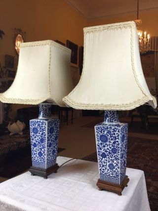 Vintage Pair Blue /white Chinese Porcelain Stylised Square Table Lamps Rewired