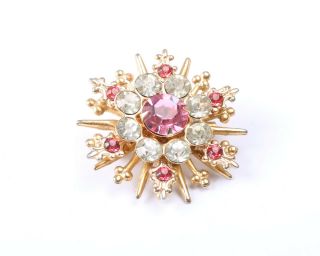 Gold Tone Star Brooch With Pink And Clear Rhinestones,  Vintage 1950s