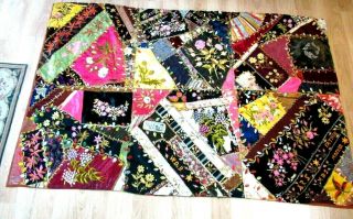 Antique 19th C 1899 Crazy Quilt Folk Art Hand Embroidered Blanket/ Wall Hanging