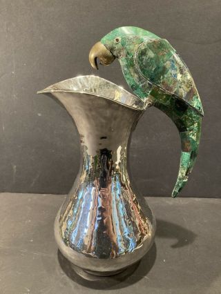 Los Castillo Taxco Silver Plate Parrot Pitcher With Malachite Overlay 14 "