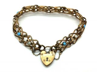 Antique Victorian Rolled Gold Turquoise & Pearl Heart Padlock Bracelet