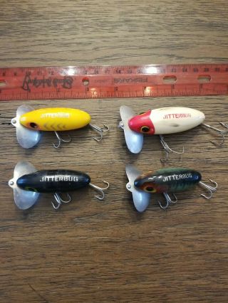 (4) Vintage Fred Arbogast Jitterbug Topwater Fishing Lures Cool Colors