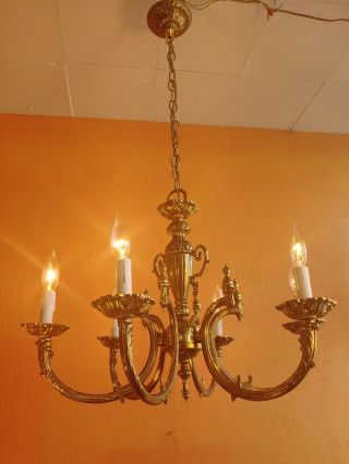 Vintage French Empire Brass Chandelier 6 Lights Gold,  Center Vase With Grapes
