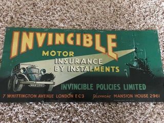 Vintage Metal Sign For Invincible Motor Insurance,  London,  England