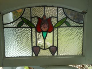 Hn - 74 Arched Top Transom English Tulip Leaded Stained Glass Window 4 On Hand