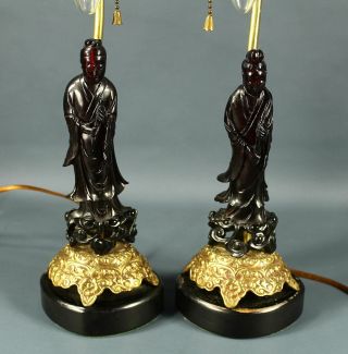 2 Antique Chinese Cherry Amber Bakelite Faturan Guanyin,  Scholar Figural Lamps