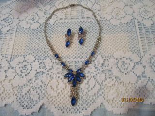 Vintage Rhinestone Necklace & Earrings Set W/ Blue Glass Stones