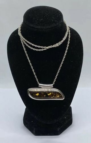 Vintage Sterling Silver 925 Necklace With Amber Pendant 16.  82g