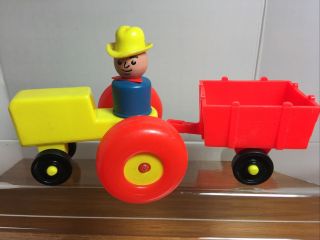 Vintage Fisher Price Little People Yellow Tractor Red Trailer & Wooden Farmer