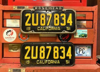 1951 California License Plate Pair 2u87834 With Vintage Rosemead Frame