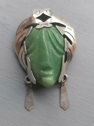 Vintage Mexico Sterling Silver Carved Jade Face Brooch Pendant Taxco 925
