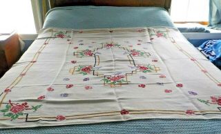 Vintage White Cotton Tablecloth W Hand Embroidery Flowers 52 " X 52 "