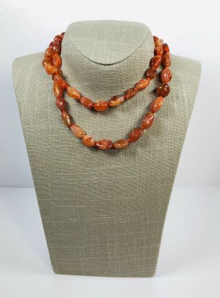 Vintage Carnelian Agate Necklace Hand Knotted Beads Barrel Clasp Pretty Costume
