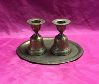 2 Vintage Brass Bells W/clapper 3.  5 " Candle Holders Set,  Tray 8 " X 5 " -