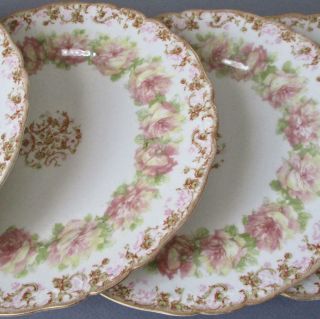 6 Antique Haviland Porcelain 8 " Plates Drop Pink Roses Gilt Trim Schleiger 55i