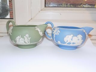 2 X Vintage Wedgwood Green & Light Blue Jasperware Milk Jugs