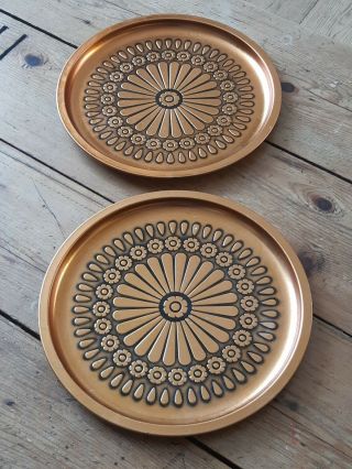 Pair Vintage Mid Century 1960s Copper Metal Trays / Plates / Plant Stands Daisy