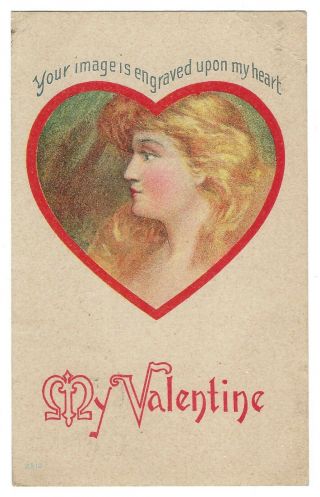 Vtg 1909 Valentines Day Postcard Benjamin Franklin 1 Cent Stamp Pretty Lady Girl