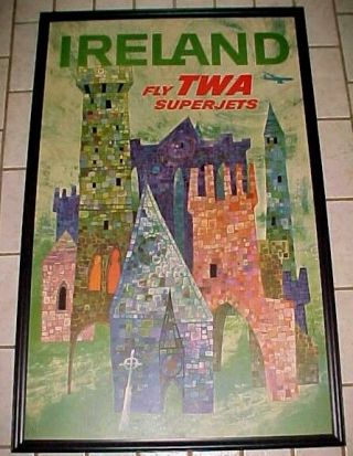 Fly Twa Superjets Ireland Travel Poster 1960s David Klein 42 " X 26 1/4 " Framed
