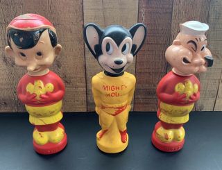 Vintage 1965 Soaky Bubble Bath Mighty Mouse 2 Muskie Body Popeye,  Pinocchio Tops