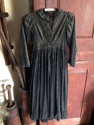 Old Antique Handmade Young Ladies Farm Prairie Dress Black Calico Textile Aafa