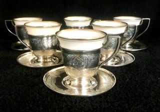 6 - Antique Schofield Sterling Silver Demitasse Cups/ Saucers W/ Lenox Inserts