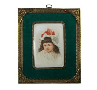Antique Hand Painted Porcelain Plaque Of A Young Girl