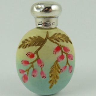 1888 English Victorian Sterling Silver Lidded Porcelain Perfume Scent Bottle
