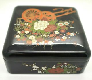 Vintage Black Lacquer Box Trinket Jewelry Hand Painted Flower Cart Japan Flowers