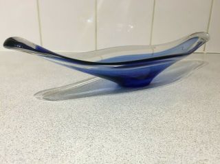 Vintage Retro Murano Art Glass Long Vase Dish - Large 15 " - Blue,  Clear