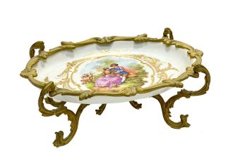 Sevres France Porcelain & Gilt Bronze Footed Oval Tray,  Circa 1920