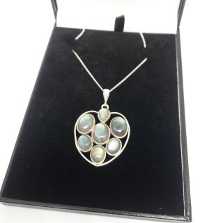 Stunning Large Vintage Moonstone And Sterling Silver Heart Pendant Silver Chain