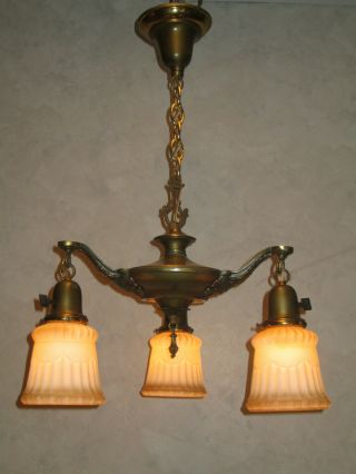 Antique 3 Light Pan Electric Ceiling Fixture Chandelier,  Period Shades
