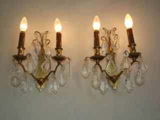 Pair Double Antique French Brass Empire Crystal Wall Sconces 2171