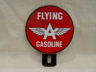 Old Flying A Gasoline Gas Oil Porcelain 2 - Piece License Plate Topper