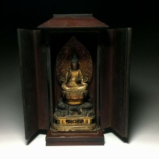 Old Japanese Japan,  Buddhism Buddha Statue Kannon,  Bodhisattva Zushi Box 31.  5cm　豊