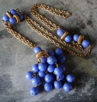 Vintage Art Deco Blue Glass Bead Tassel Pendant Flapper Necklace Gold Tone - X116