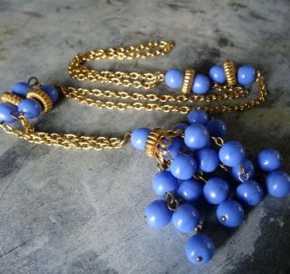 vintage art deco blue glass bead tassel pendant flapper necklace gold tone - X116 2