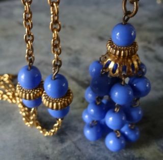 vintage art deco blue glass bead tassel pendant flapper necklace gold tone - X116 3