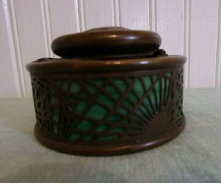 Antique Tiffany Studios Bronze Green Stained Glass Pine Needle Desk Set Inkwell 2