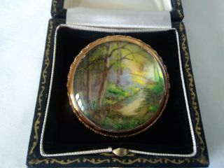 Vintage Thomas L Mott Hand Painted Woodland Scenic Brooch Signed Tlm