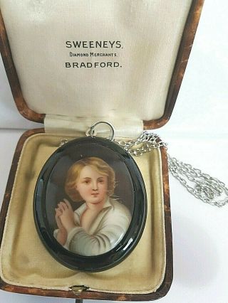 Antique Victorian Whitby Jet Large Painted Cameo Pendant On Silver Chain Goth