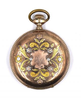 Antique Us Watch Co Fancy Engraved Tri - Tone Hunter Case Pocket Watch Gold Filled