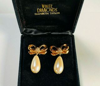 Vintage Elizabeth Taylor White Diamonds Crystal/pearl Drop Earrings (boxed)