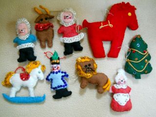 9 Vintage Hand Crafted Felt Christmas Ornaments / Sequins & Beads