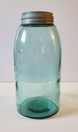 Vintage Sheepnose Light Blue Half - Gallon Jar,  No Markings With Ball Zinc Lid