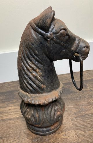 Antique Cast Iron Horse Head Hitching Post 14” Tall 4.  5” Base